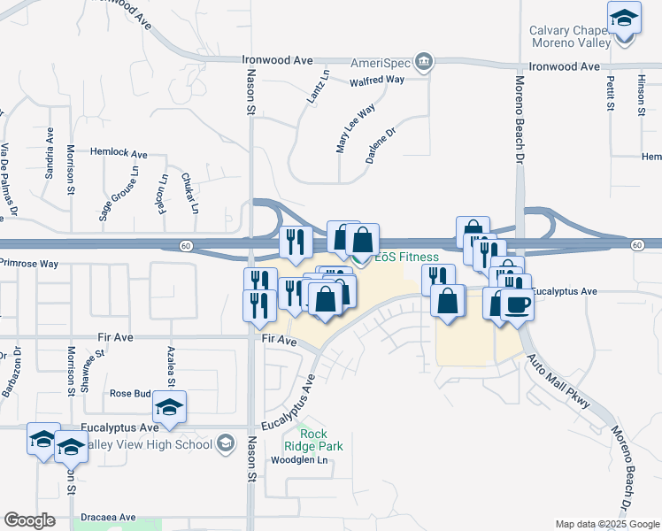 map of restaurants, bars, coffee shops, grocery stores, and more near 27200 Eucalyptus Avenue in Moreno Valley