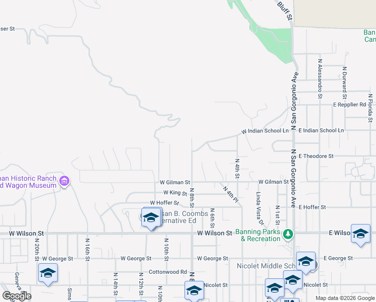 map of restaurants, bars, coffee shops, grocery stores, and more near 1443 North 8th Street in Banning