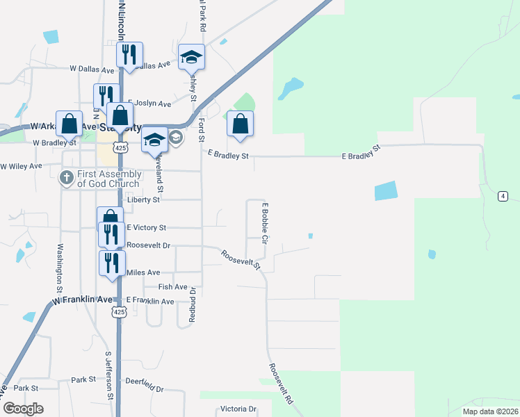 map of restaurants, bars, coffee shops, grocery stores, and more near 413 East Bobbie Circle in Star City