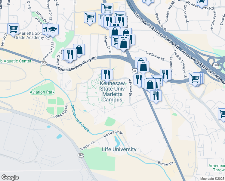 map of restaurants, bars, coffee shops, grocery stores, and more near 1100 South Marietta Parkway Southeast in Marietta