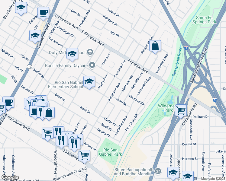 map of restaurants, bars, coffee shops, grocery stores, and more near 10421 Pangborn Avenue in Downey