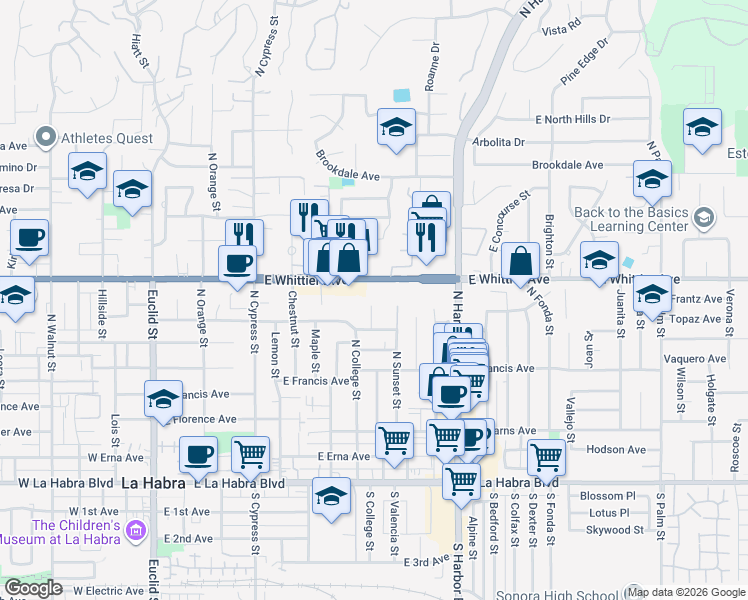 map of restaurants, bars, coffee shops, grocery stores, and more near 680 North Valencia Street in La Habra