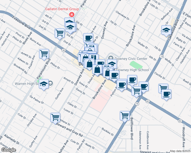 map of restaurants, bars, coffee shops, grocery stores, and more near 8413 California 42 in Downey