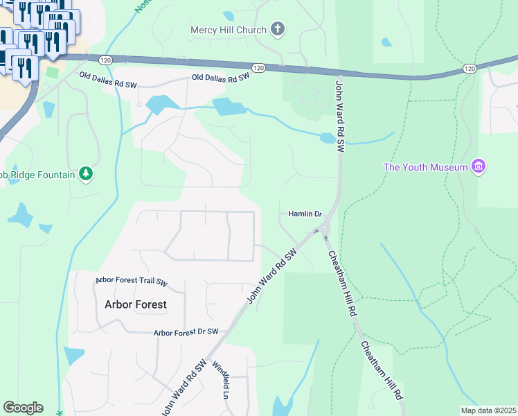 map of restaurants, bars, coffee shops, grocery stores, and more near 1978 Winding Creek Lane Southwest in Marietta
