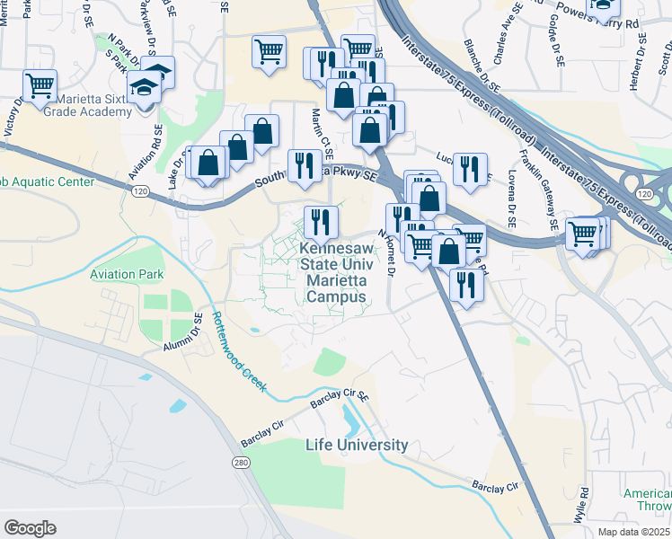 map of restaurants, bars, coffee shops, grocery stores, and more near 1100 South Marietta Parkway Southeast in Marietta