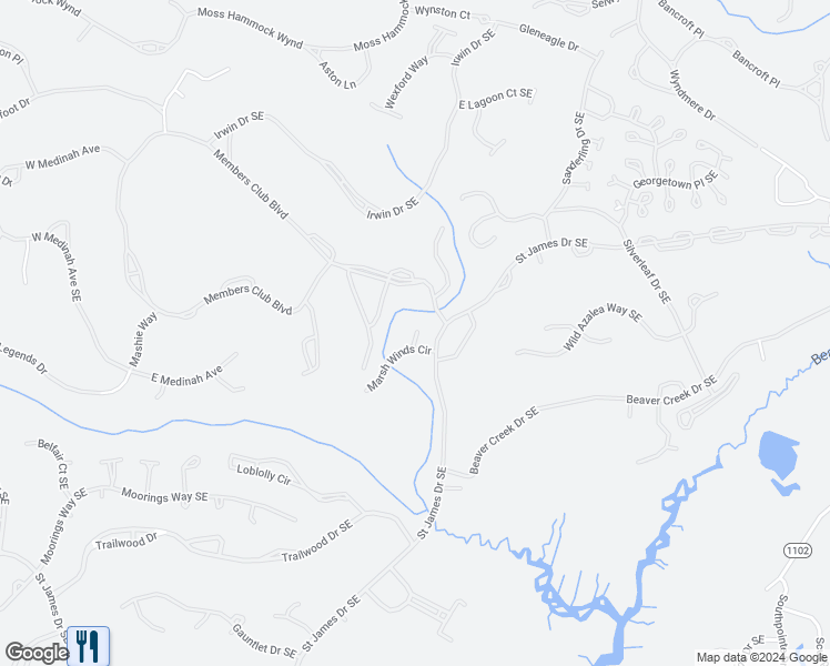 map of restaurants, bars, coffee shops, grocery stores, and more near 3030 Marsh Winds Circle in Southport