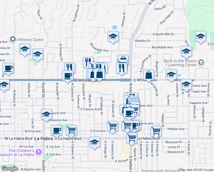 map of restaurants, bars, coffee shops, grocery stores, and more near 680 North Valencia Street in La Habra