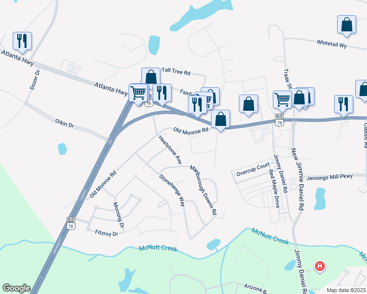 map of restaurants, bars, coffee shops, grocery stores, and more near 120 Heelstone Place in Bogart