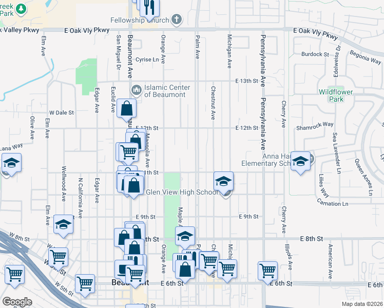 map of restaurants, bars, coffee shops, grocery stores, and more near 1141 Palm Avenue in Beaumont