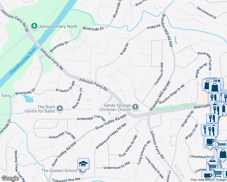 map of restaurants, bars, coffee shops, grocery stores, and more near 100 Barnard Place in Sandy Springs