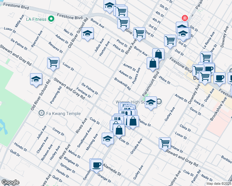 map of restaurants, bars, coffee shops, grocery stores, and more near 7851 Cleta Street in Downey