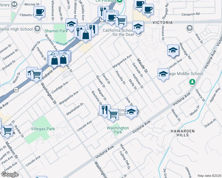 map of restaurants, bars, coffee shops, grocery stores, and more near 3036 David Street in Riverside