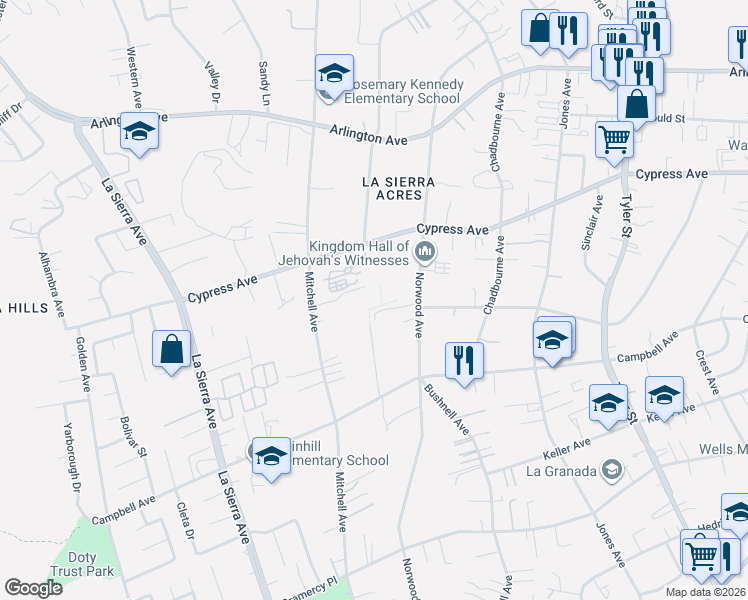 map of restaurants, bars, coffee shops, grocery stores, and more near 5872 Persepolis Court in Riverside