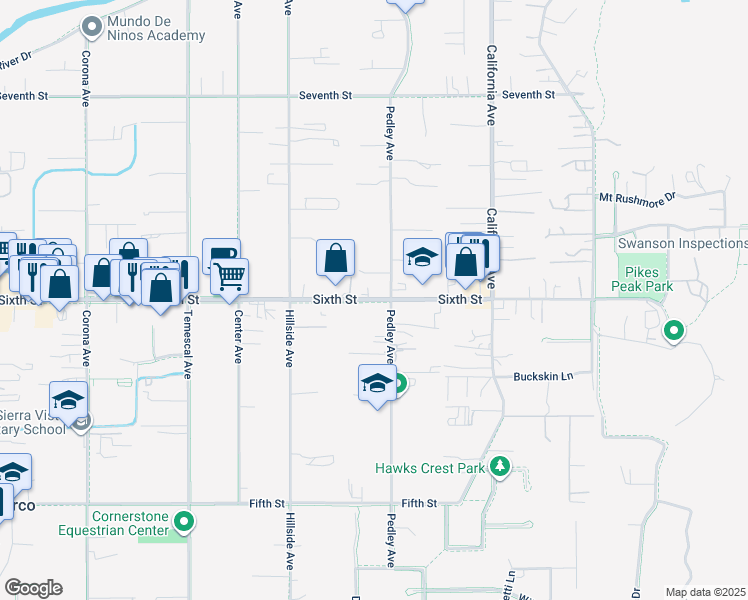 map of restaurants, bars, coffee shops, grocery stores, and more near 3933 Pedley Avenue in Norco