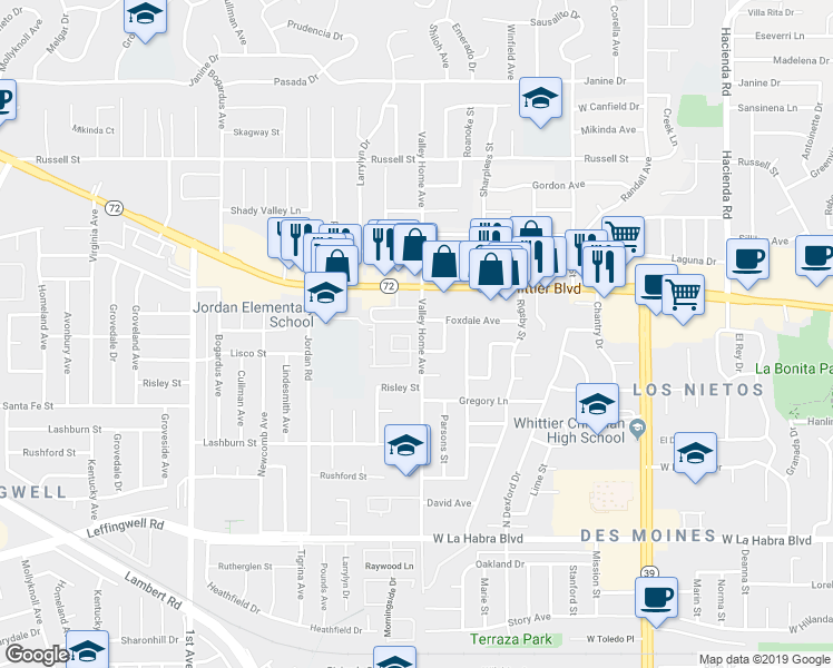 map of restaurants, bars, coffee shops, grocery stores, and more near 10644 Burlington Place in Whittier