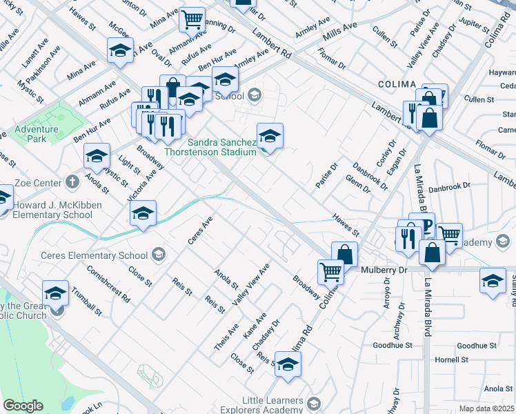 map of restaurants, bars, coffee shops, grocery stores, and more near 14432 Mulberry Drive in Whittier