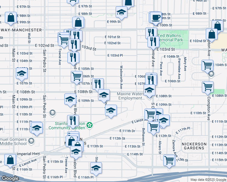 map of restaurants, bars, coffee shops, grocery stores, and more near 822 East 107th Street in Los Angeles