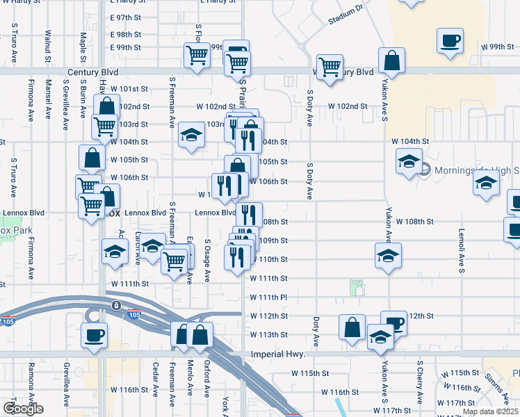 map of restaurants, bars, coffee shops, grocery stores, and more near 3921 West 107th Street in Inglewood