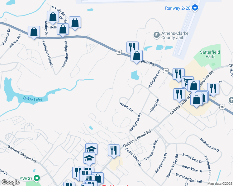 map of restaurants, bars, coffee shops, grocery stores, and more near 493 Seagraves Drive in Athens