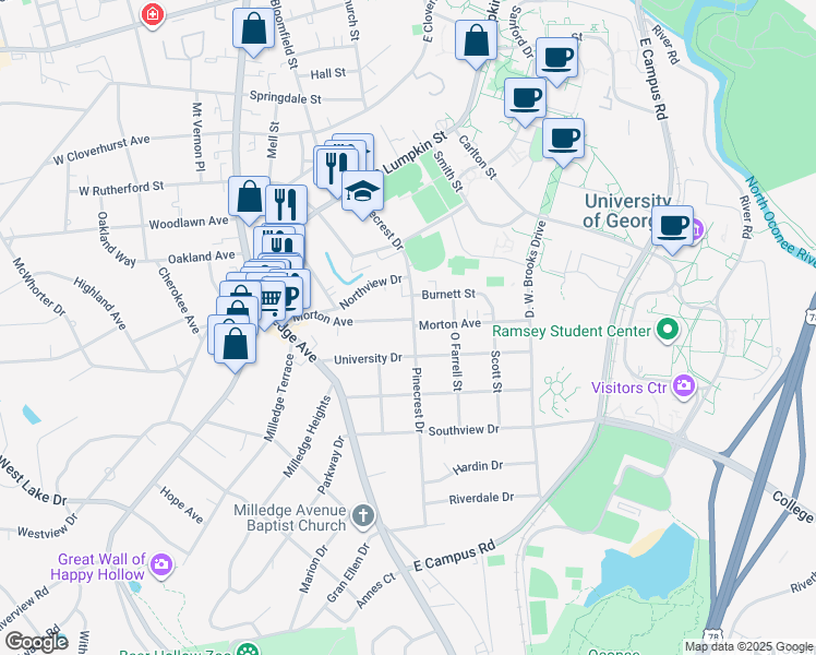 map of restaurants, bars, coffee shops, grocery stores, and more near 485 Pinecrest Drive in Athens