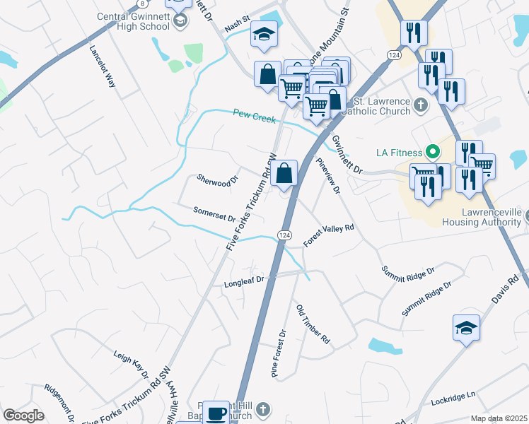 map of restaurants, bars, coffee shops, grocery stores, and more near 320 Sprucewood Court in Lawrenceville