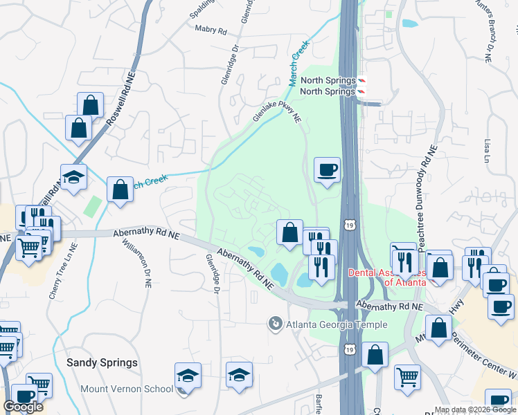 map of restaurants, bars, coffee shops, grocery stores, and more near 6747 Cadence Boulevard in Sandy Springs