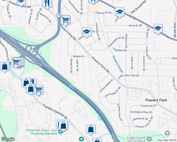 map of restaurants, bars, coffee shops, grocery stores, and more near 850 Oriole Lane South East in Marietta