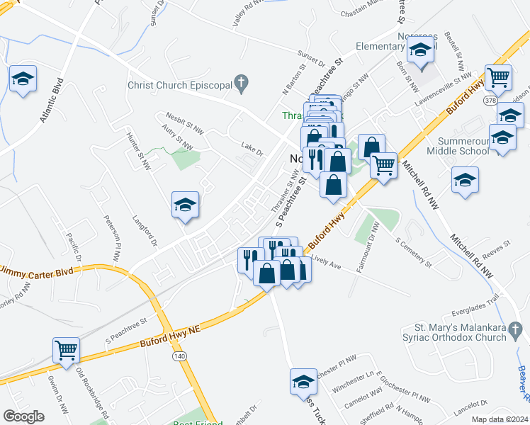 map of restaurants, bars, coffee shops, grocery stores, and more near 370 Thrasher Street Northwest in Norcross