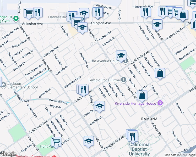 map of restaurants, bars, coffee shops, grocery stores, and more near 8424 Crystal Avenue in Riverside