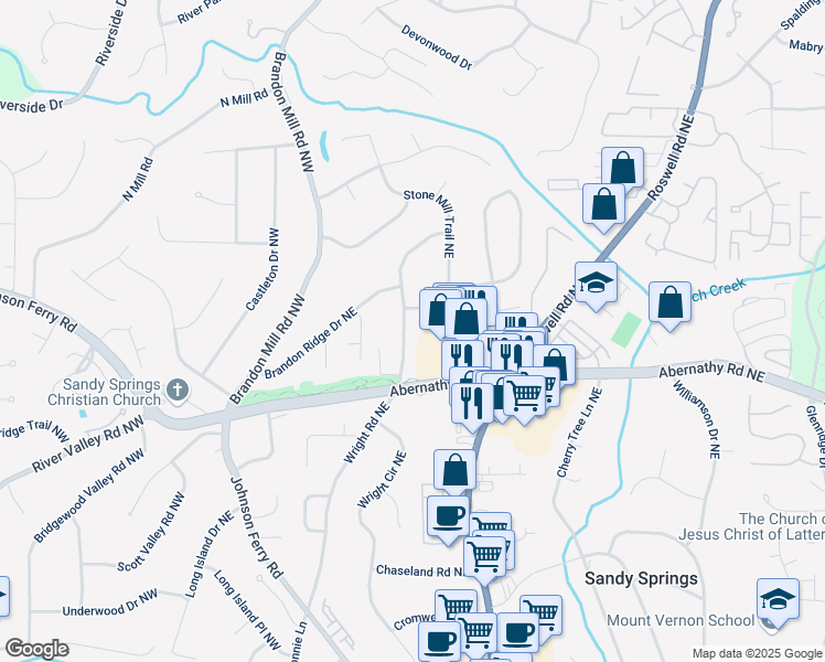 map of restaurants, bars, coffee shops, grocery stores, and more near 6715 Wright Road Northeast in Atlanta