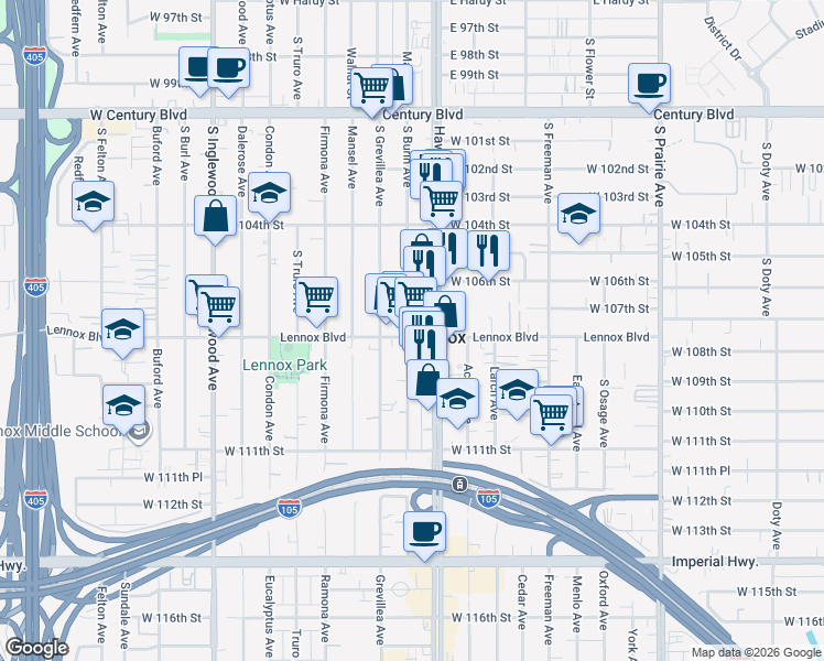 map of restaurants, bars, coffee shops, grocery stores, and more near 10730 South Burin Avenue in Inglewood