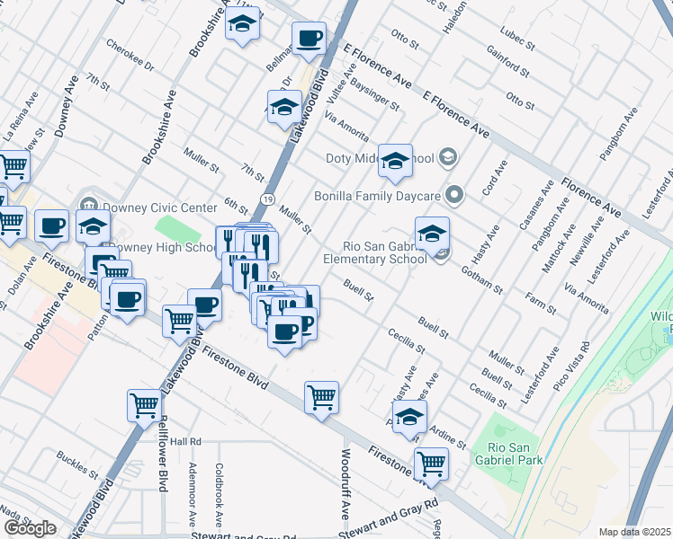 map of restaurants, bars, coffee shops, grocery stores, and more near 10603 Chaney Avenue in Downey