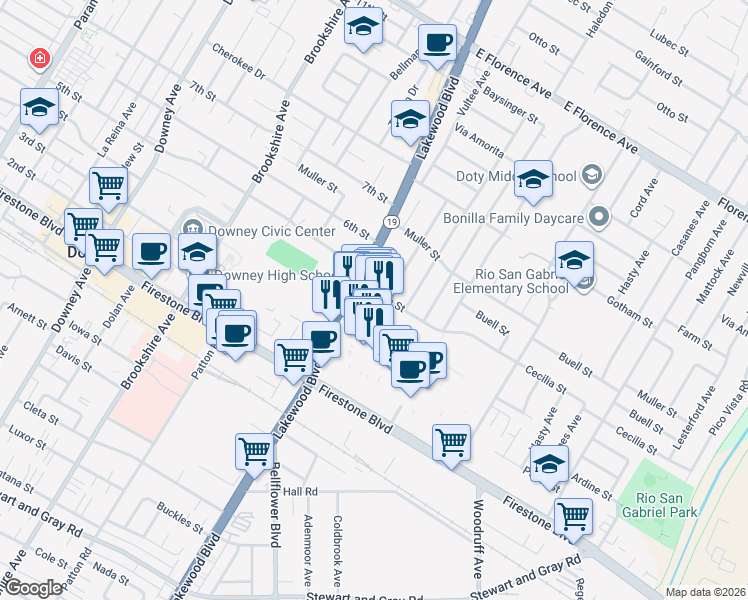 map of restaurants, bars, coffee shops, grocery stores, and more near 9024 Cecilia Street in Downey