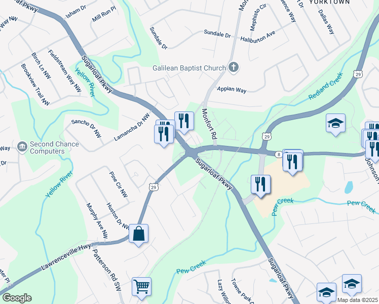 map of restaurants, bars, coffee shops, grocery stores, and more near U.S. 29 & Sugarloaf Pkwy in Lawrenceville