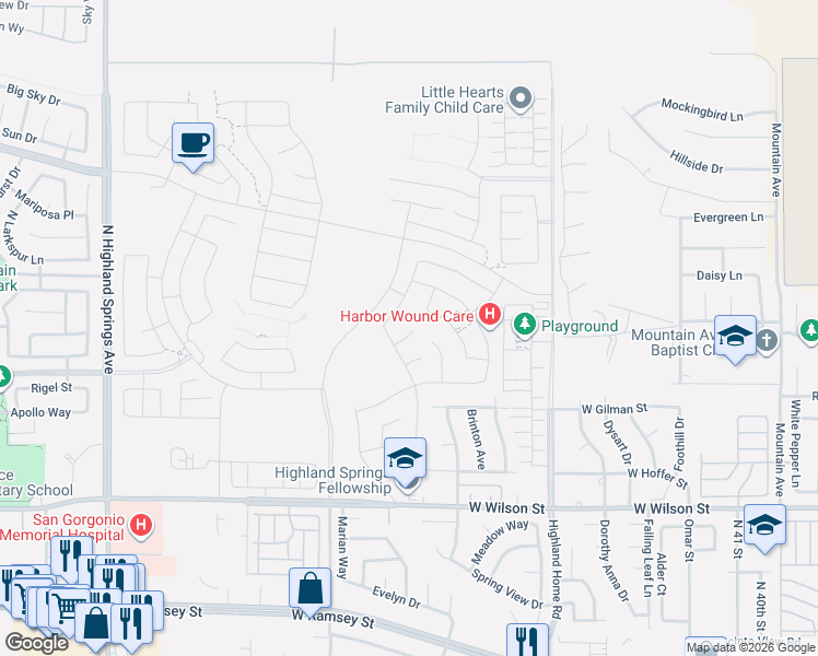 map of restaurants, bars, coffee shops, grocery stores, and more near 5315 Trailmark Court in Banning