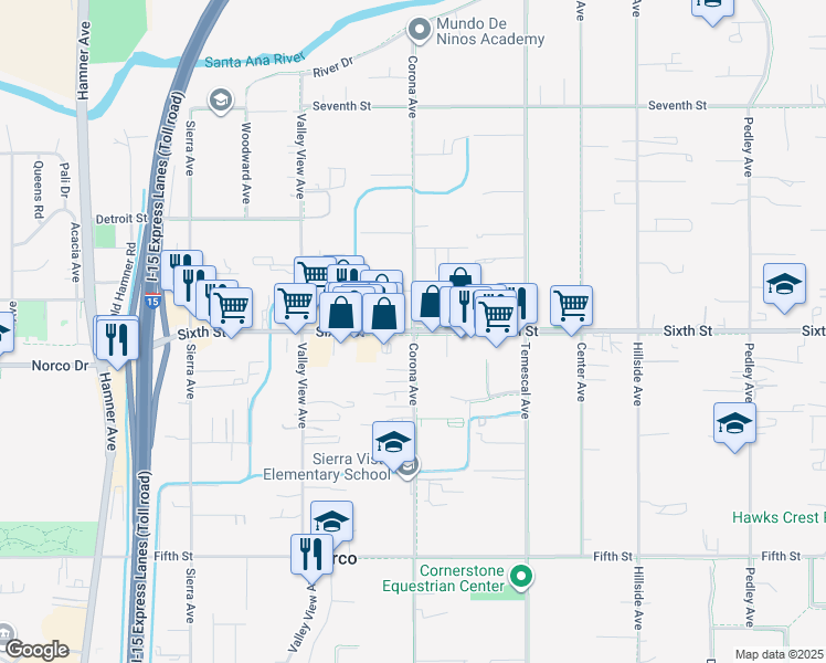 map of restaurants, bars, coffee shops, grocery stores, and more near 1100 Sixth Street in Norco