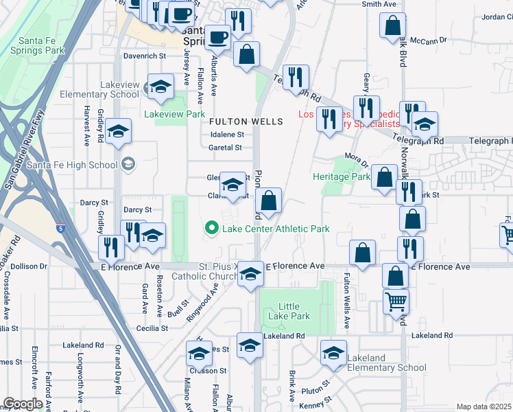 map of restaurants, bars, coffee shops, grocery stores, and more near 10515 Pioneer Boulevard in Santa Fe Springs