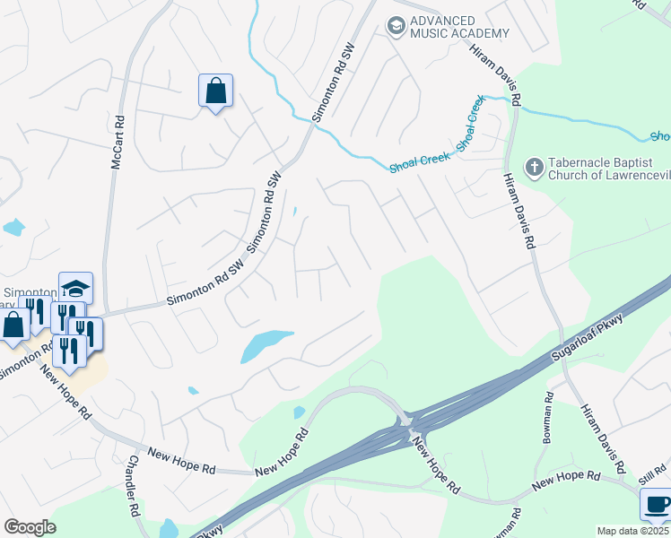 map of restaurants, bars, coffee shops, grocery stores, and more near 1123 Simonton Hill Court Southeast in Lawrenceville