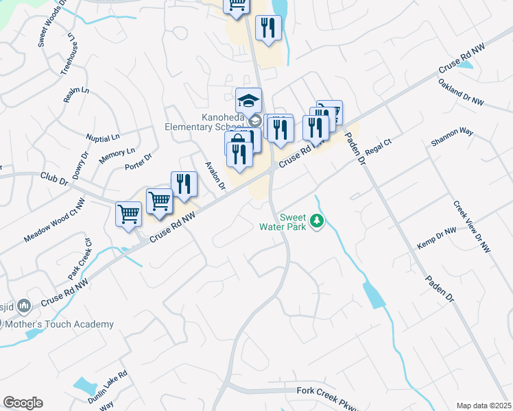 map of restaurants, bars, coffee shops, grocery stores, and more near 2741 Amalfi Way Northwest in Lawrenceville