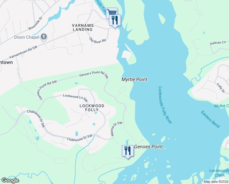 map of restaurants, bars, coffee shops, grocery stores, and more near 71 Myrtle Point Circle Southwest in Brunswick County