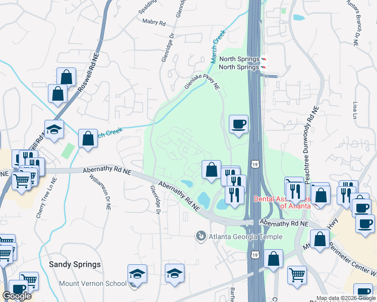 map of restaurants, bars, coffee shops, grocery stores, and more near 6747 Cadence Boulevard in Sandy Springs