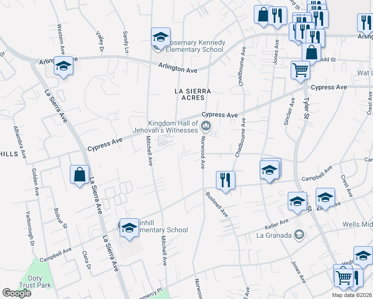 map of restaurants, bars, coffee shops, grocery stores, and more near 10665 Alborz Court in Riverside