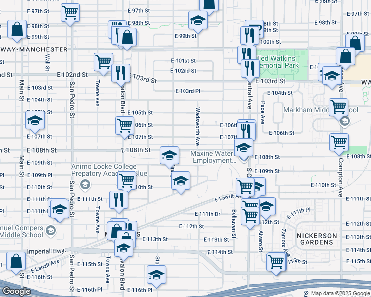 map of restaurants, bars, coffee shops, grocery stores, and more near 829 East 108th Street in Los Angeles