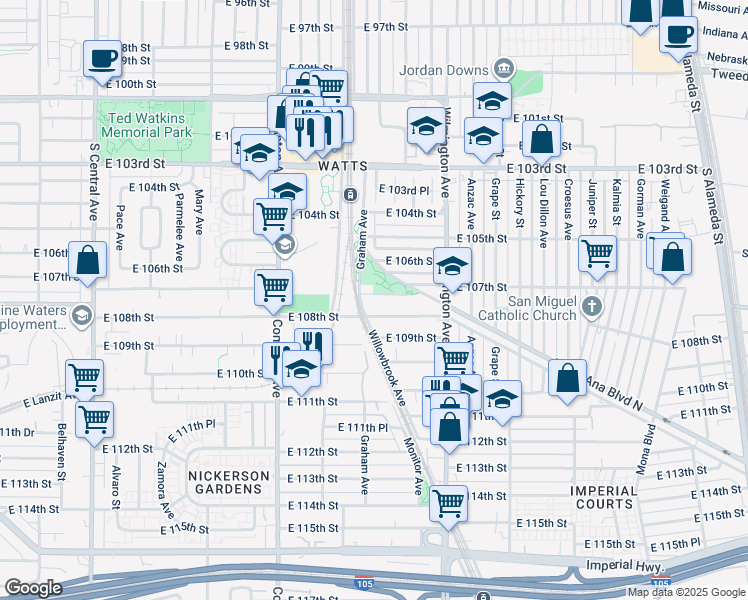 map of restaurants, bars, coffee shops, grocery stores, and more near 1716 East 107th Street in Los Angeles