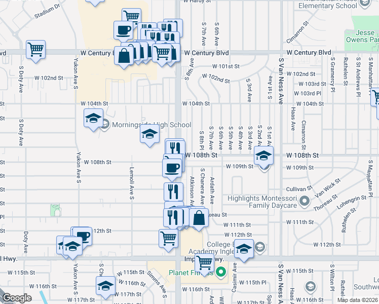 map of restaurants, bars, coffee shops, grocery stores, and more near 10725 South 8th Avenue in Inglewood