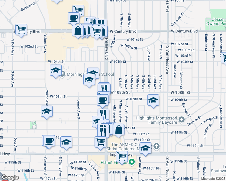 map of restaurants, bars, coffee shops, grocery stores, and more near 10725 South 8th Avenue in Inglewood