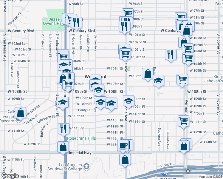 map of restaurants, bars, coffee shops, grocery stores, and more near 1461 West 108th Street in Los Angeles