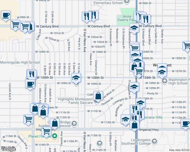 map of restaurants, bars, coffee shops, grocery stores, and more near 10636 Cimarron Street in Los Angeles
