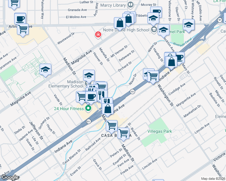 map of restaurants, bars, coffee shops, grocery stores, and more near 7335 Garden Street in Riverside