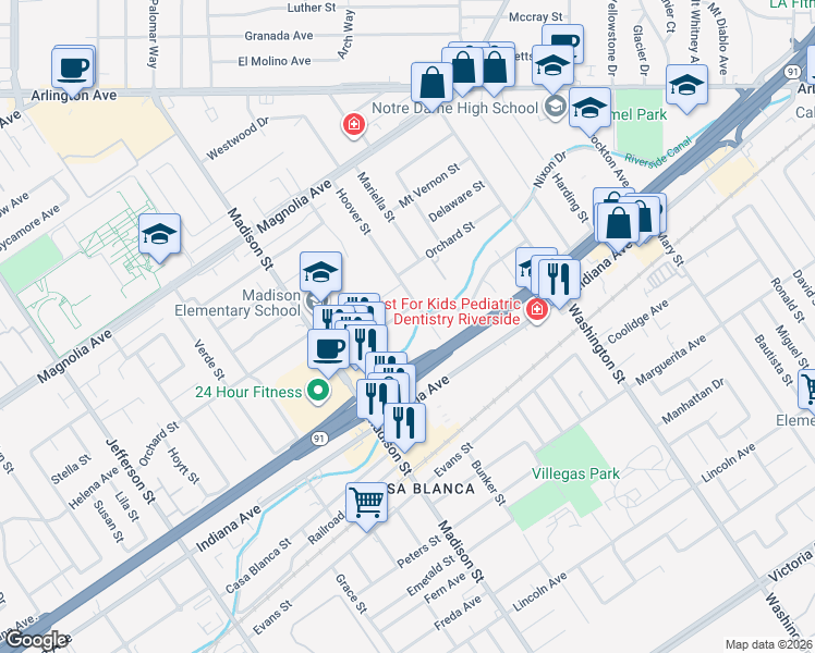 map of restaurants, bars, coffee shops, grocery stores, and more near 7334 Garden Street in Riverside